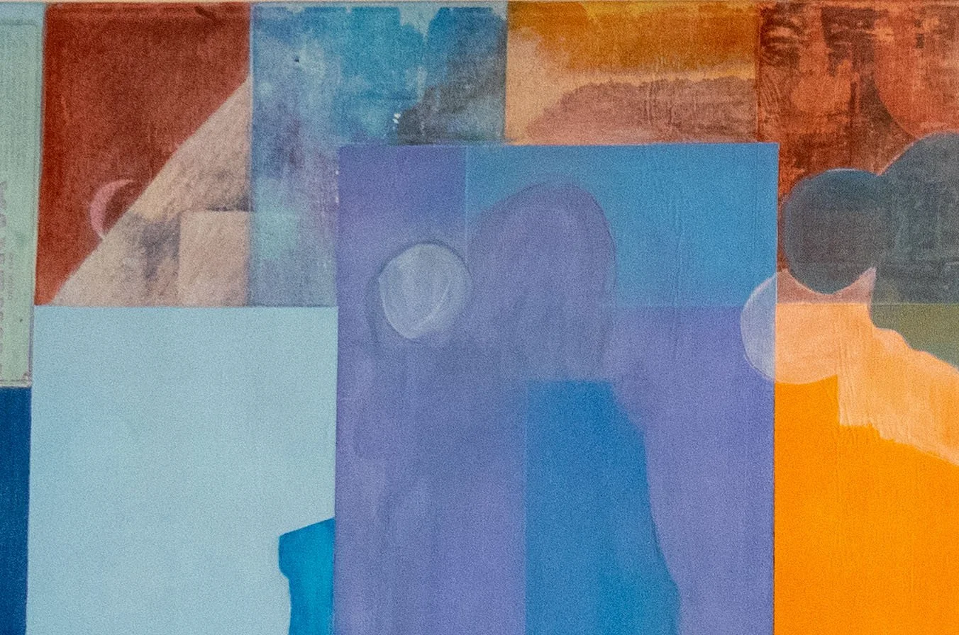 Abstract painting with geometric shapes and pastel colors, including blue, purple, orange, and gray.