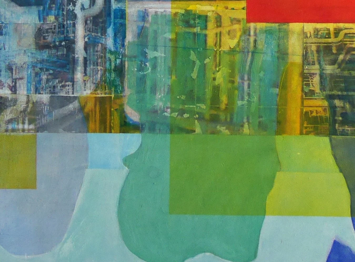 An abstract painting with overlapping geometric shapes in various colors including blue, yellow, green, red, and gray, creating a layered and textured composition.
