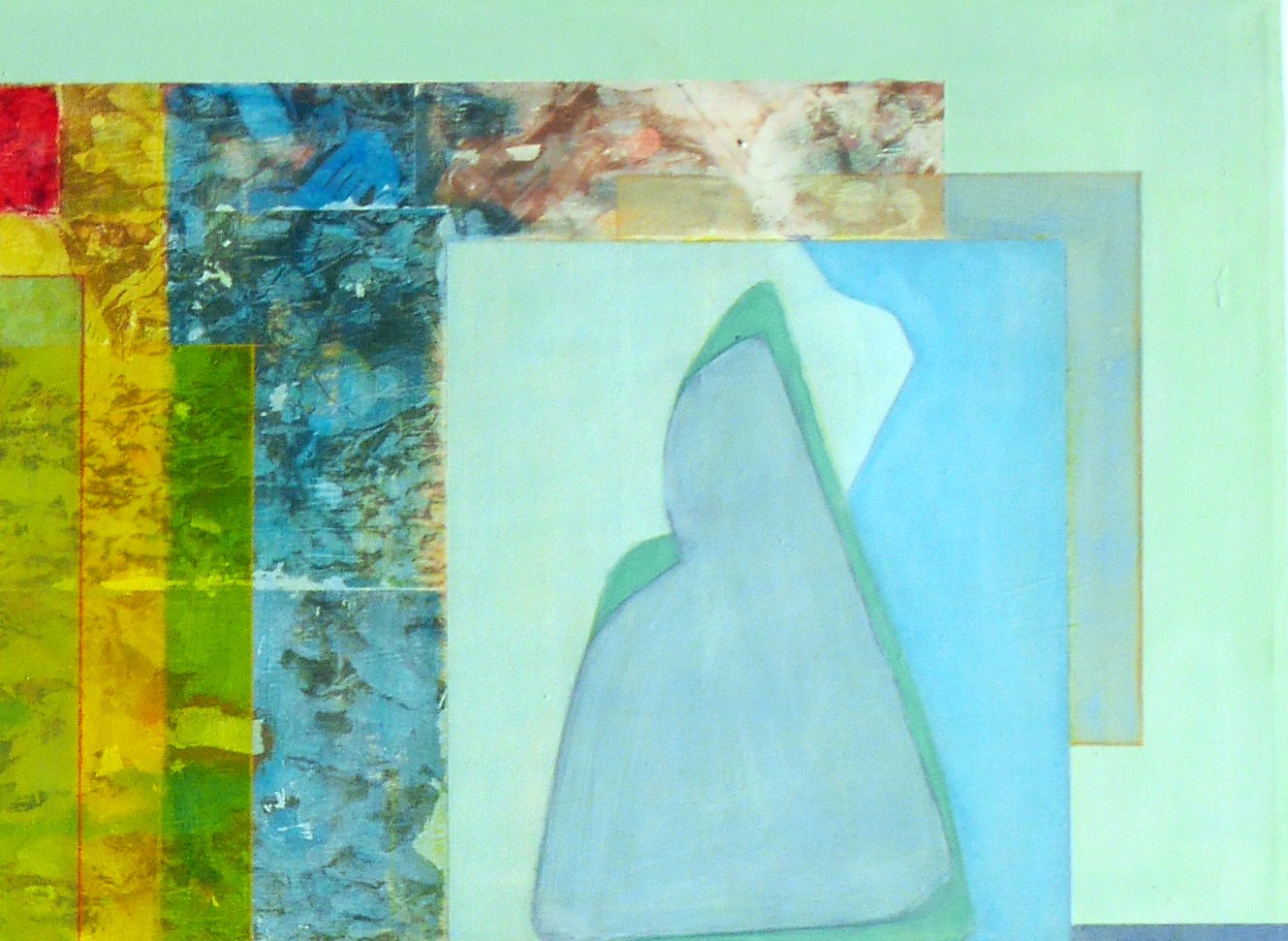 Abstract colorful artwork with layered rectangles, a silhouette of a person with a green outline, and textured blue, yellow, red, and mixed media sections.