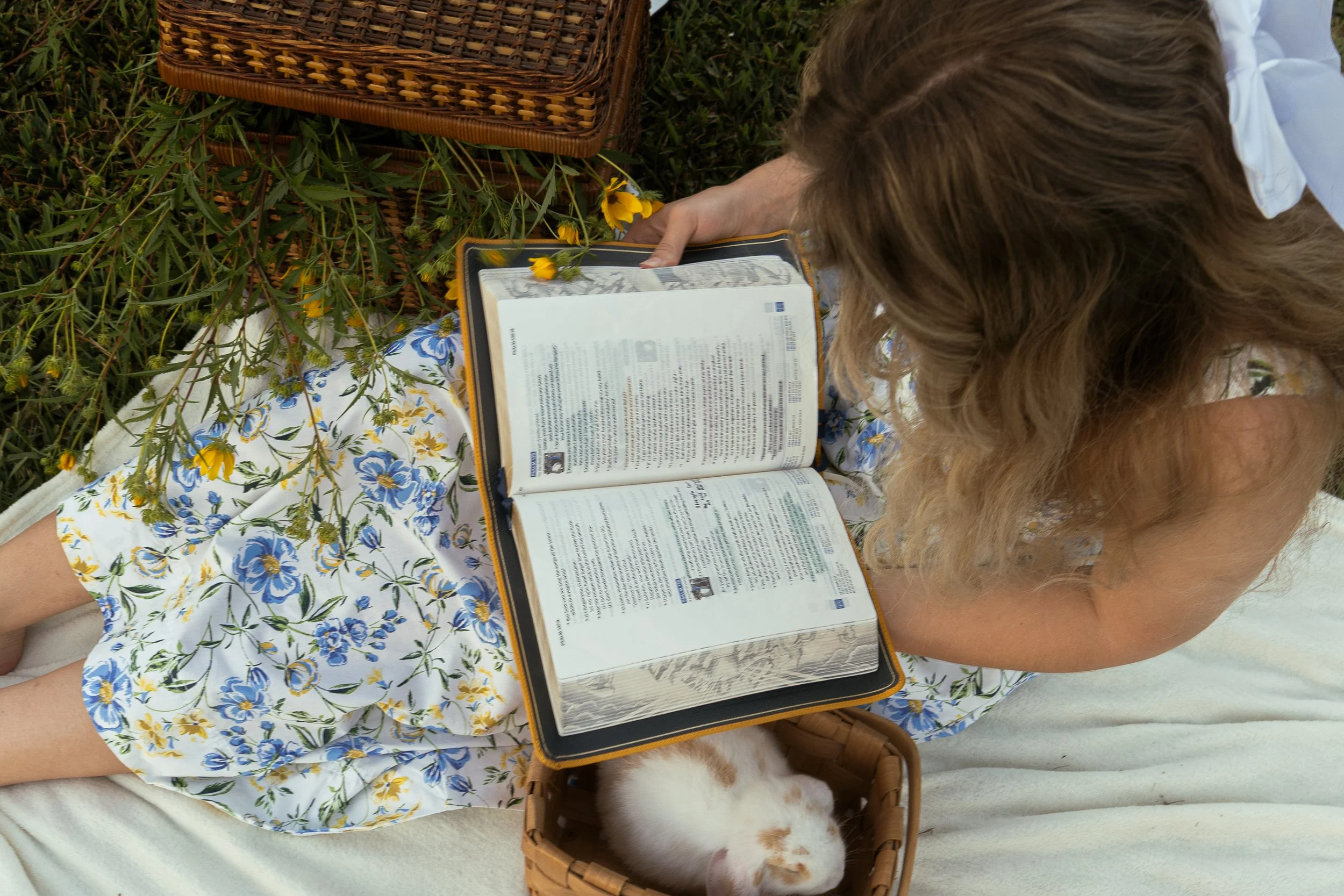 A woman with long brown hair reading a large open book outdoors, surrounded by greenery and yellow flowers, with a small brown-and-white dog resting in a basket beside her.