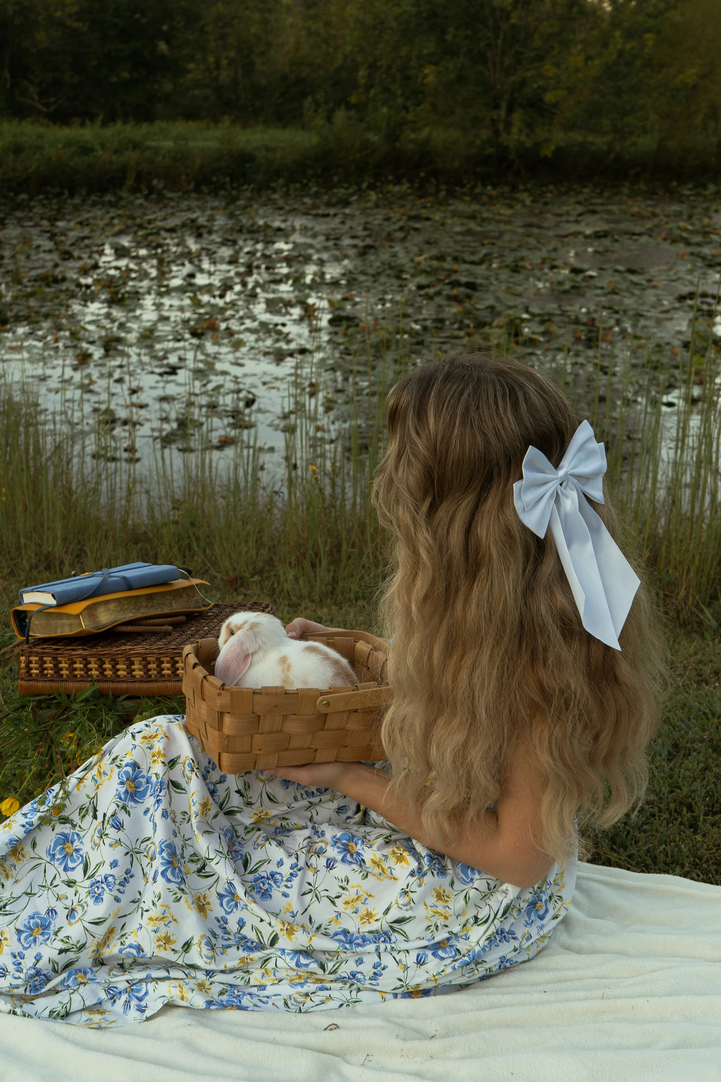 A young girl with long blonde hair and a large white bow sitting near a pond with lily pads, holding a basket with a rabbit inside, wearing a floral dress, and surrounded by nature.