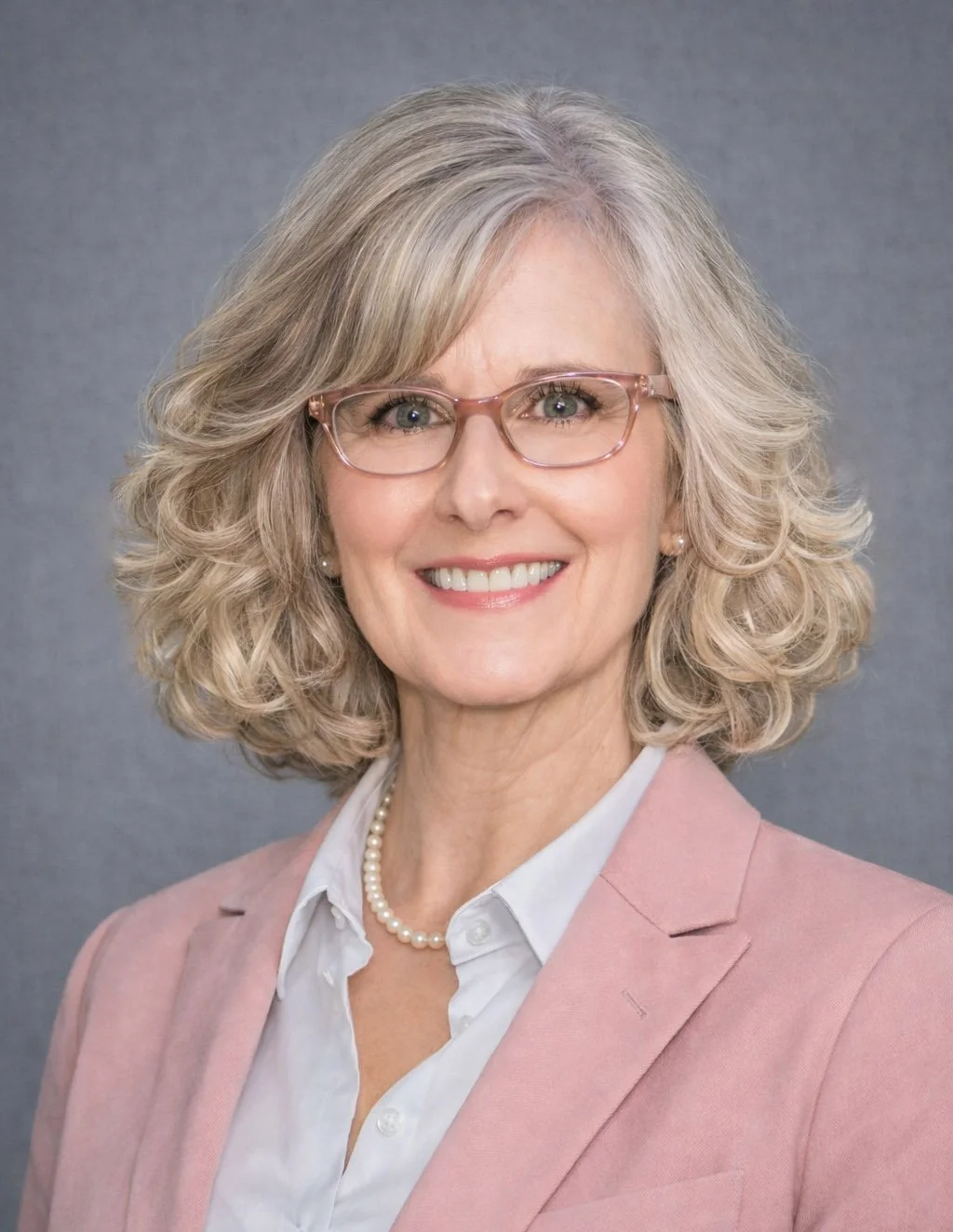 Julie Mertz a professional woman with curly gray hair, wearing glasses, a white shirt, a pink blazer, and a pearl necklace, smiling against a gray background.