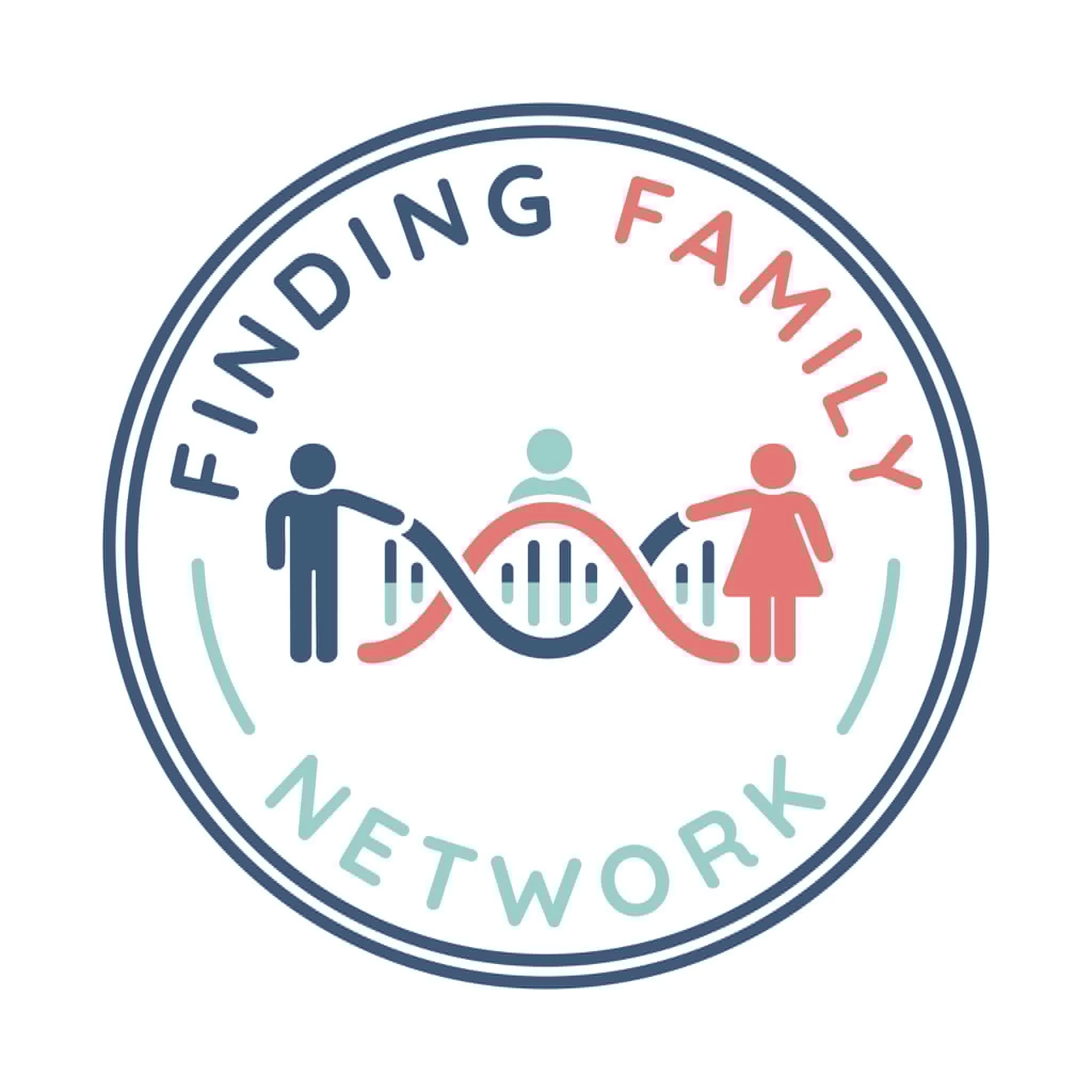 Circular logo with text 'Finding Family Network' and illustrations of two children on each side.