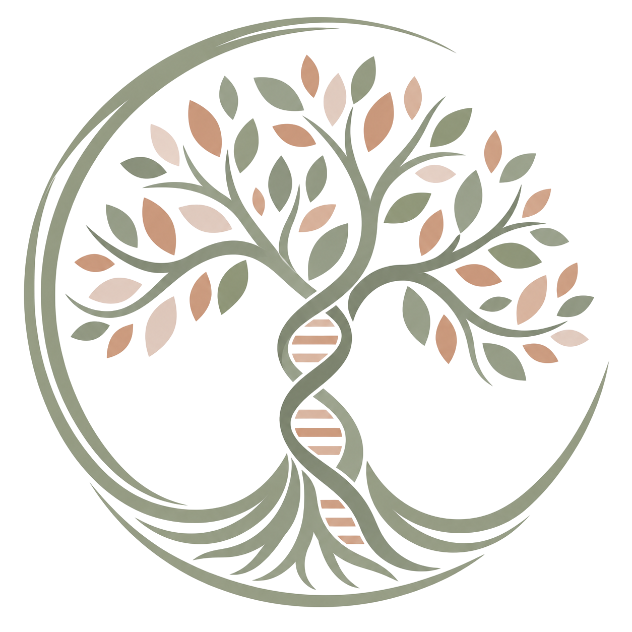 A circular logo featuring a family tree with intertwined branches, DNA test and leaves in shades of green and brown.