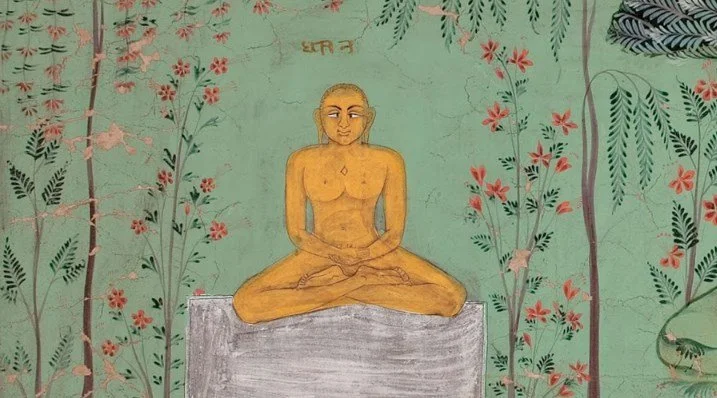 A mural of a meditating person with a yellow body, seated cross-legged on a gray platform, against a green background with red flowers and green foliage.