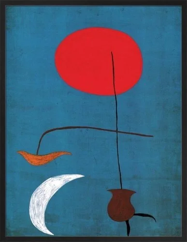 Abstract painting with a red circle, a white crescent, a black line crossing the canvas vertically, a curved orange shape, and a dark brown shape resembling a pot or vessel, all on a blue background.