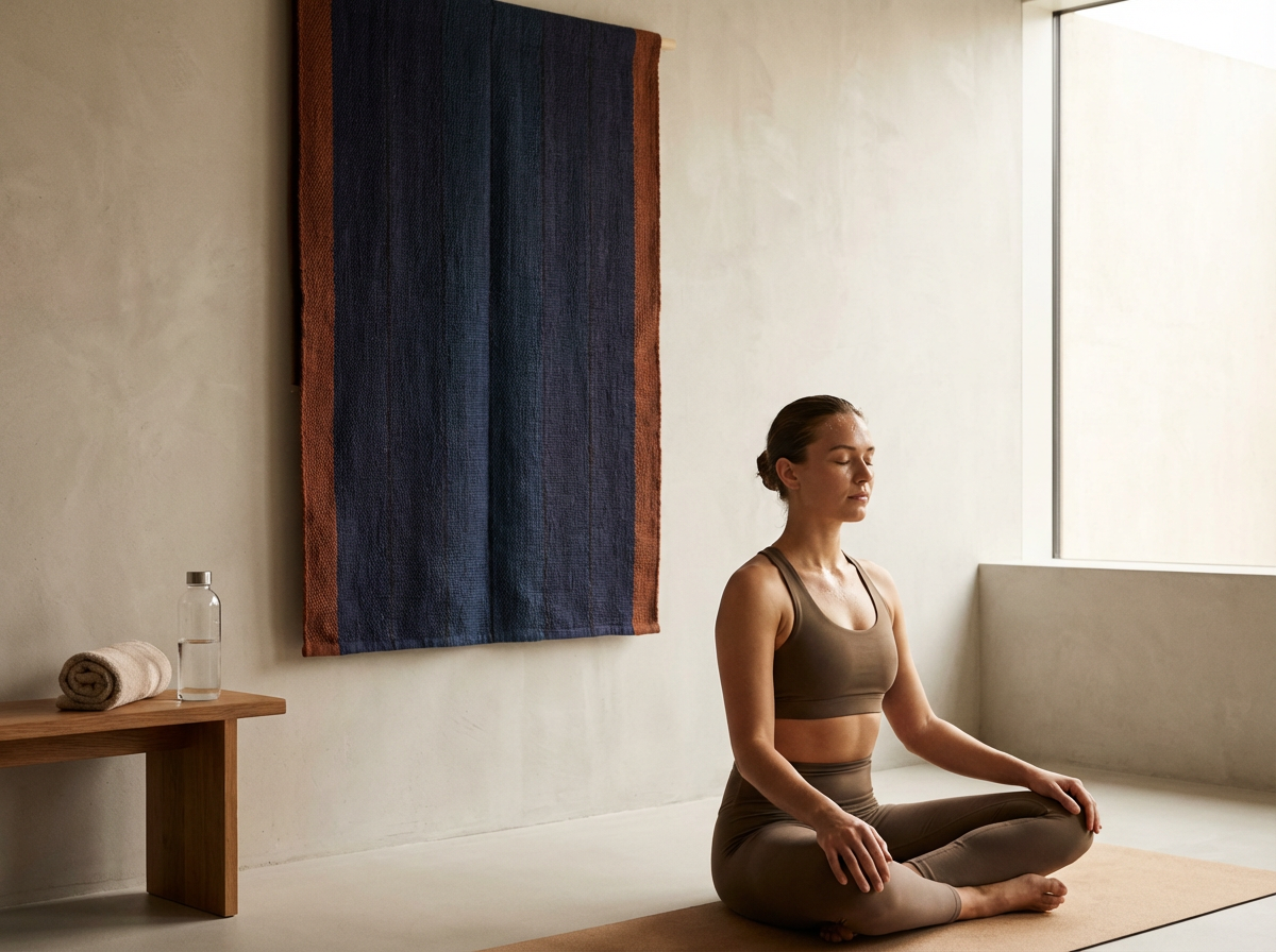 A woman practicing yoga or meditation in a minimalistic room, seated cross-legged on a mat with eyes closed, in a calm and focused pose.