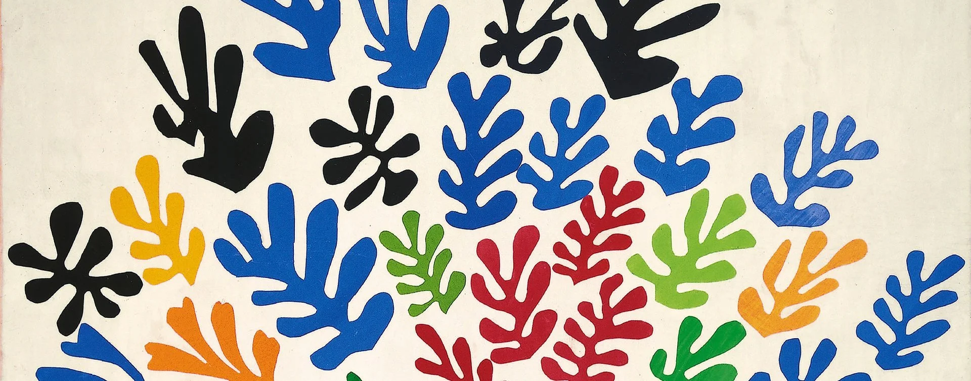 Colorful abstract shapes resembling coral or branching structures in black, blue, green, red, and orange on a white background.