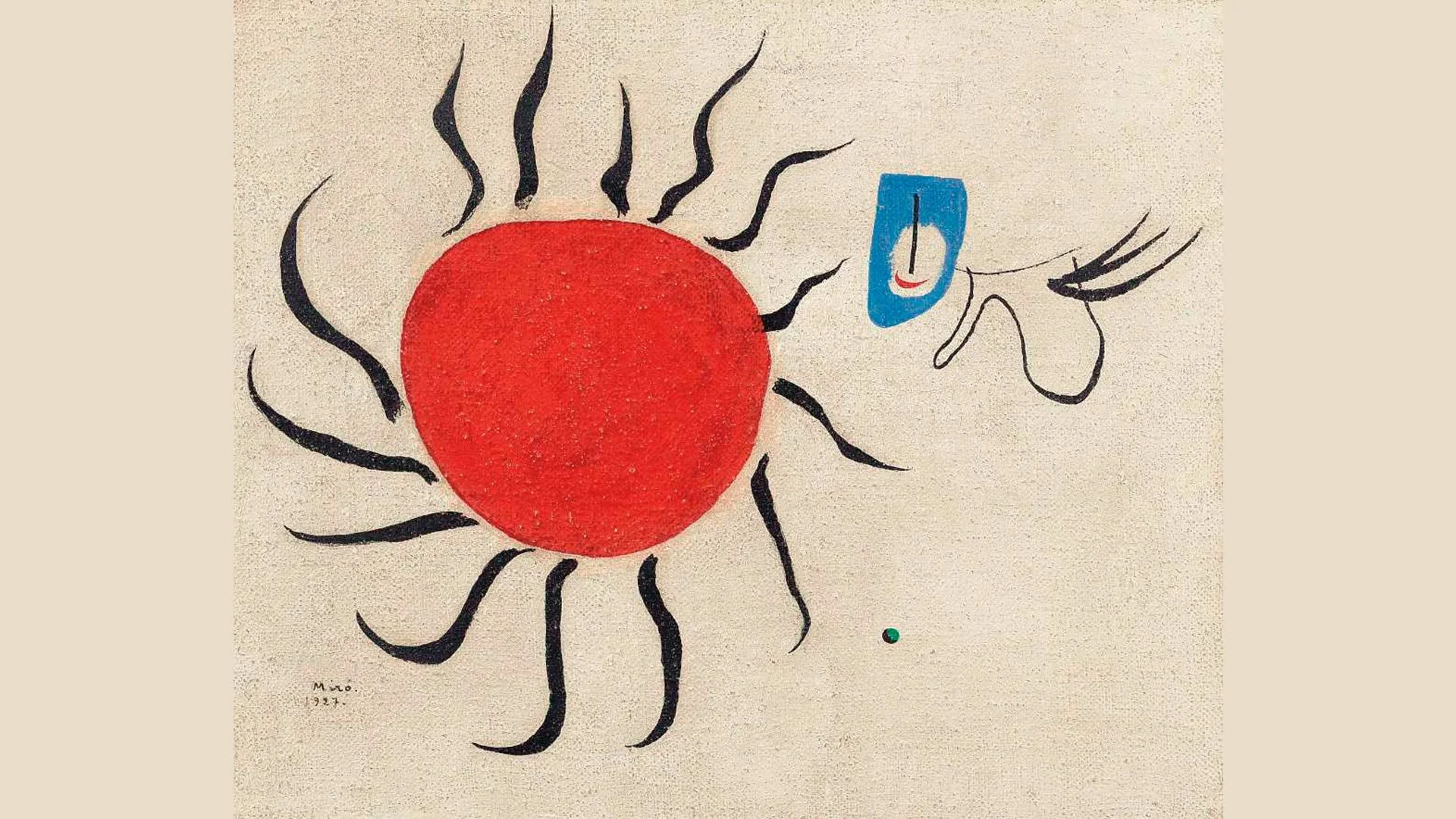 Abstract artwork featuring a large red circle with black wavy lines radiating outward, a small blue shape with a face and tail, and a tiny green dot on textured beige background.