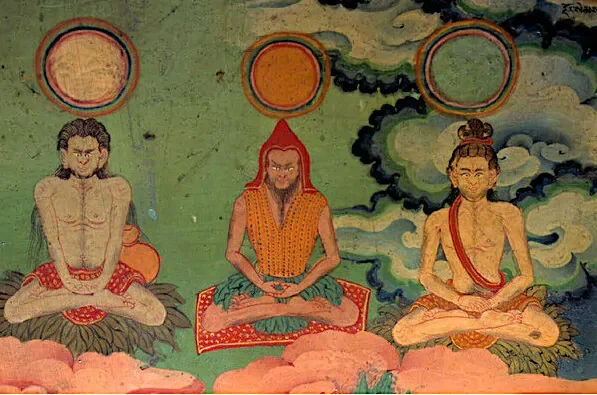 Traditional Tibetan Buddhist thangka painting depicting three meditative figures seated on clouds with colorful halos above them.