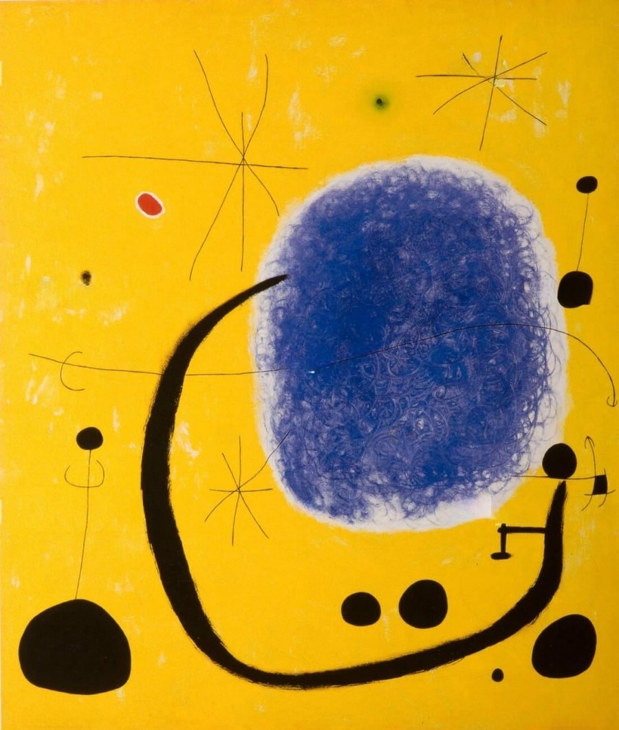 Abstract artwork with a yellow background featuring black and white shapes, a large textured blue circle in the center, and thin black lines radiating outward.