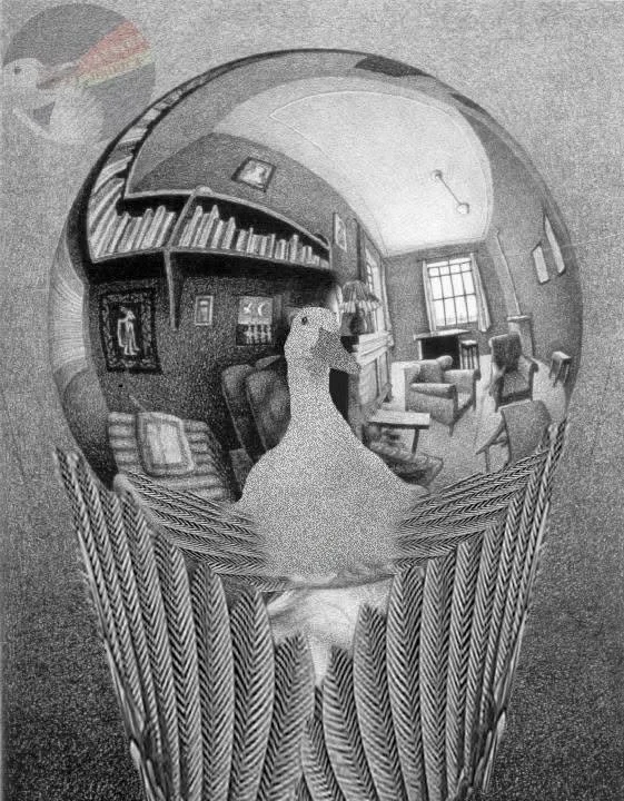 A black-and-white fisheye photograph of a room reflected in a shiny spherical object, showing furniture, chairs, bookshelves, and windows.