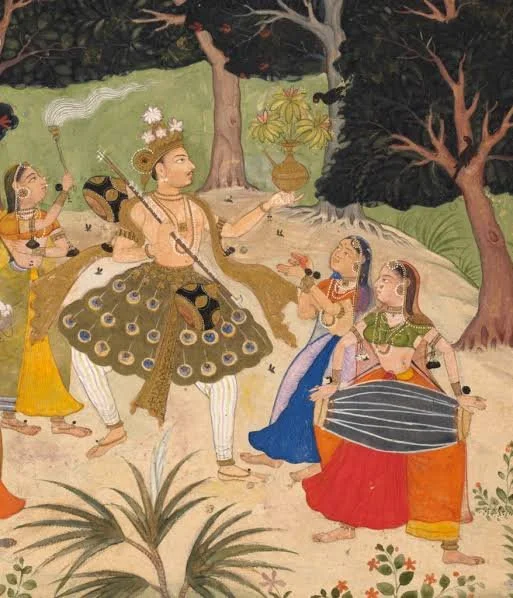 Depiction of Lord Krishna playing flute, surrounded by women and children in a natural outdoor setting with trees and plants, possibly illustrating a scene from Hindu mythology.