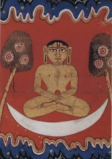 A traditional indigenous painting of a seated figure on a crescent moon, surrounded by decorative patterns and trees.