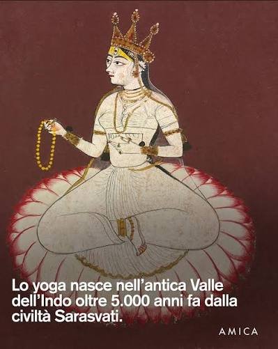 Drawing of a traditional Indian figure wearing a crown and jewelry, sitting cross-legged on a flower petal platform, holding a rosary and a staff, with Italian text describing yoga's origins in the ancient Sarasvati civilization.