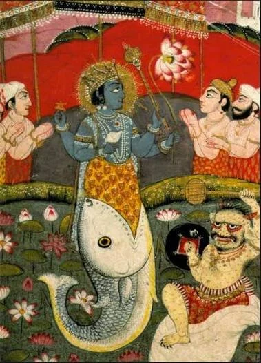 Hindu god Vishnu depicted with a fish body, holding a lotus flower, surrounded by four men, with lotus flowers and water lilies in the foreground.
