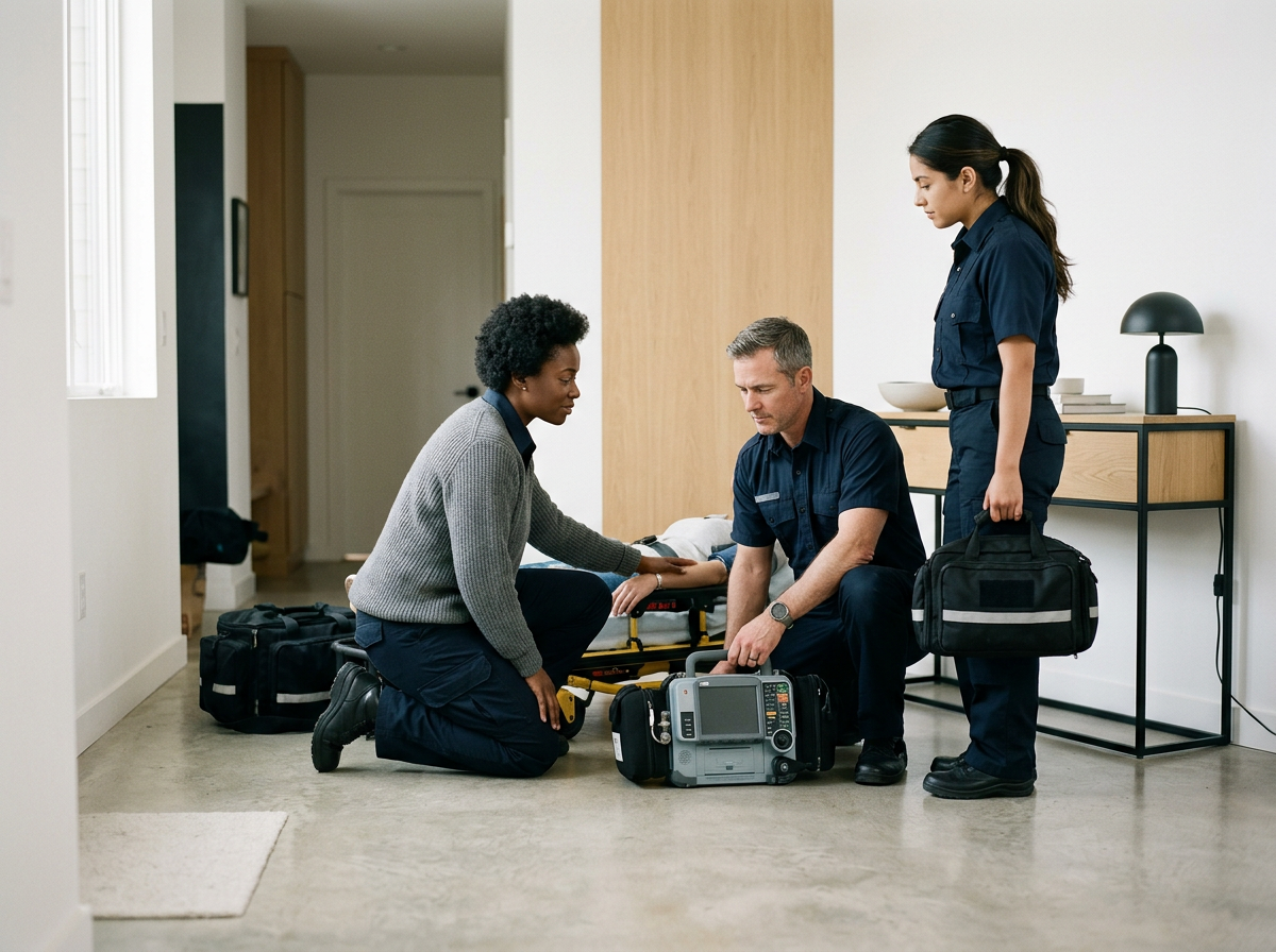 Three emergency medical personnel attending to a woman on a stretcher inside a home.