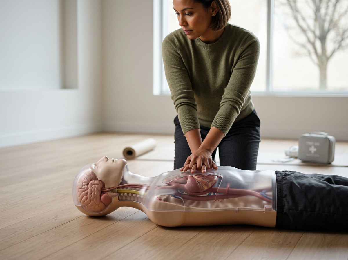 A woman practicing CPR on a medical training mannequin with visible internal organs, in a bright room with wooden floors, near a window.