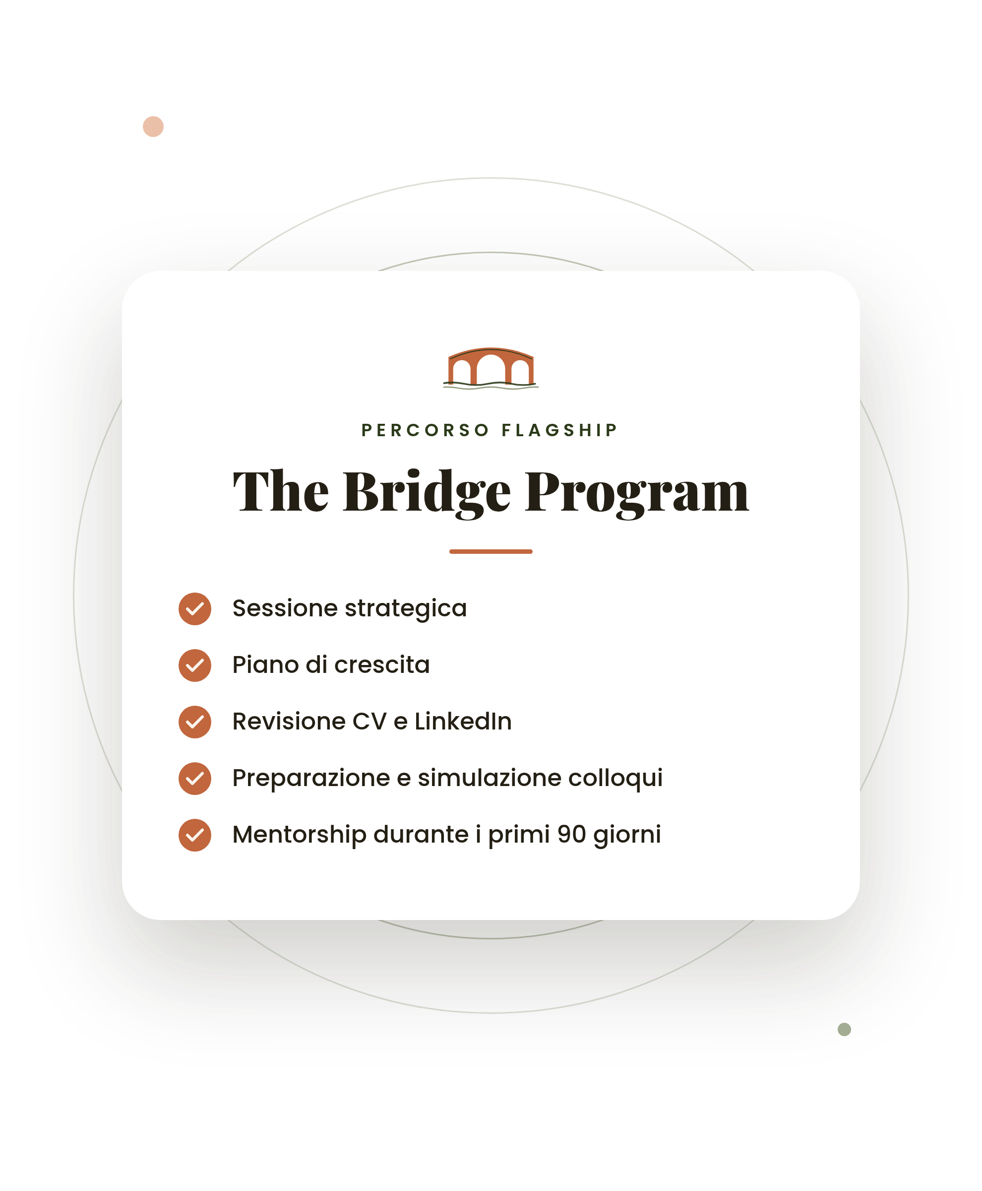 A digital screenshot of a presentation slide titled 'The Bridge Program.' The slide shows a logo of a bridge above water and a list of program components written in Italian, including strategic sessions, growth planning, CV review, interview preparations, and mentorship.