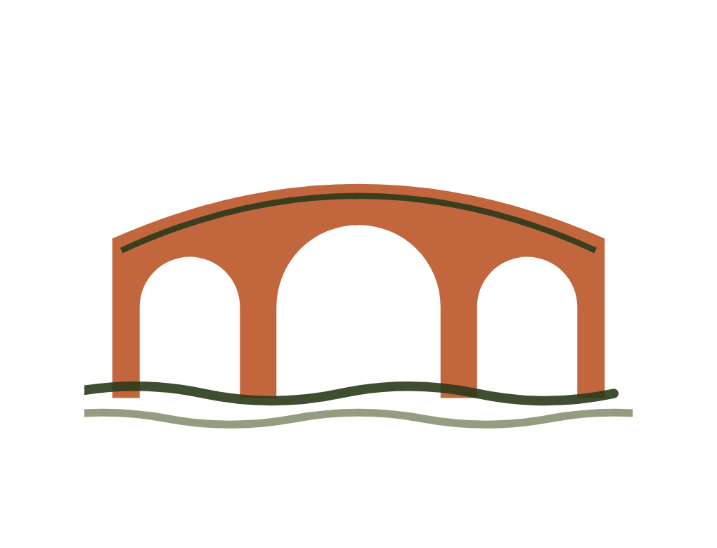 A line drawing of a bridge with three large arches over a green landscape.