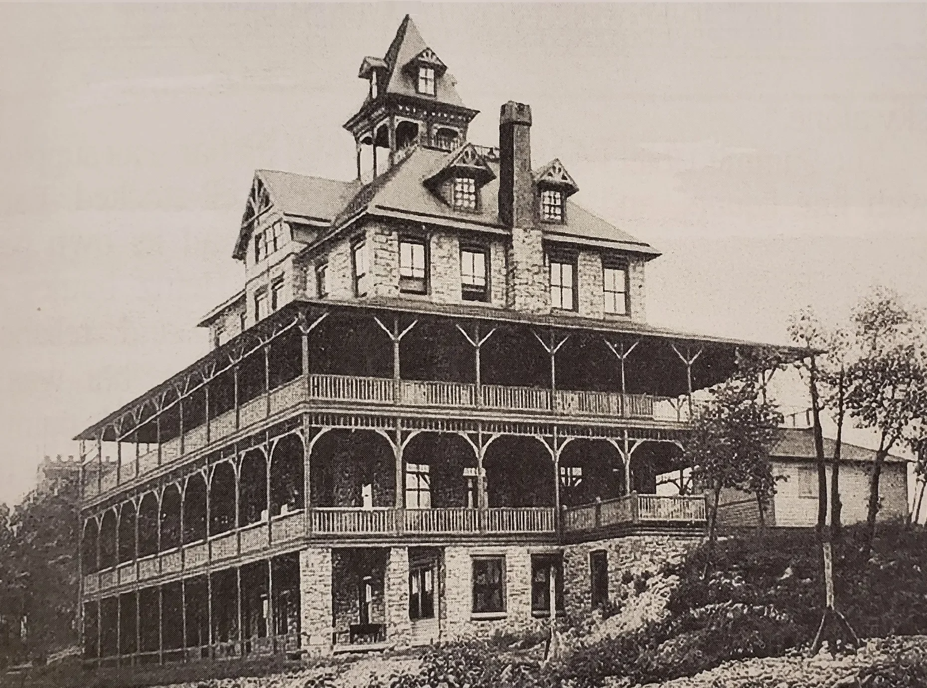 A photograph of the Schwartz Summit House Hotel that was along Skyline Drive in Lower Alsace Township from 1891 to 1959 that appears in "Footprints on the Mountain — A History of the Pagoda, the Tower, the Gravity Railroad and Skyline Drive" by Corri