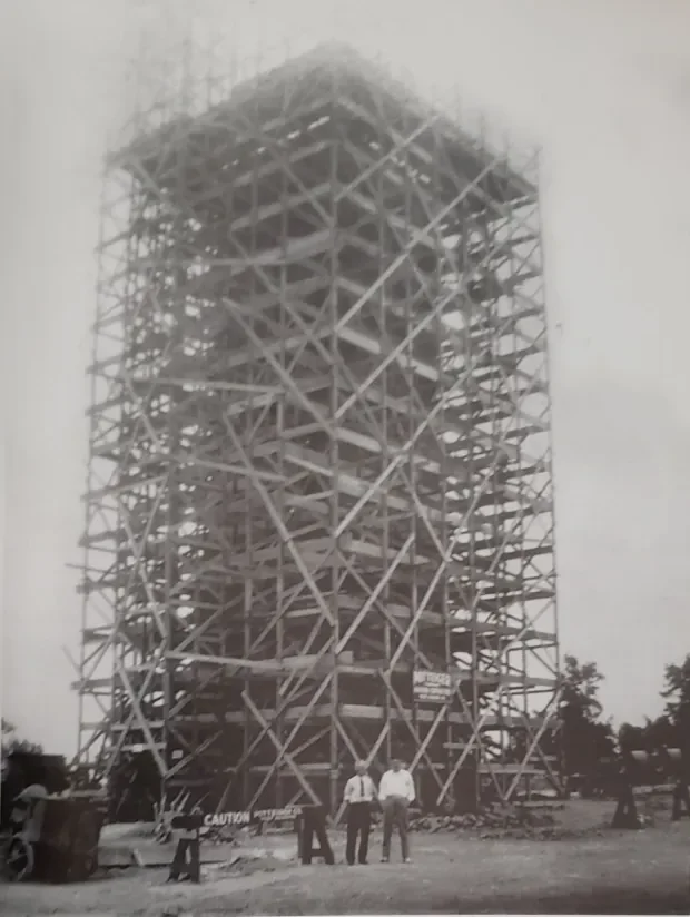 Construction of the William Penn Memorial Fire Tower in spring 1939. It is located in Lower Alsace Township, but is a ward of the City of Reading. According to local historian George M. Meiser IX, construction costs were $33,536. The photograph appea