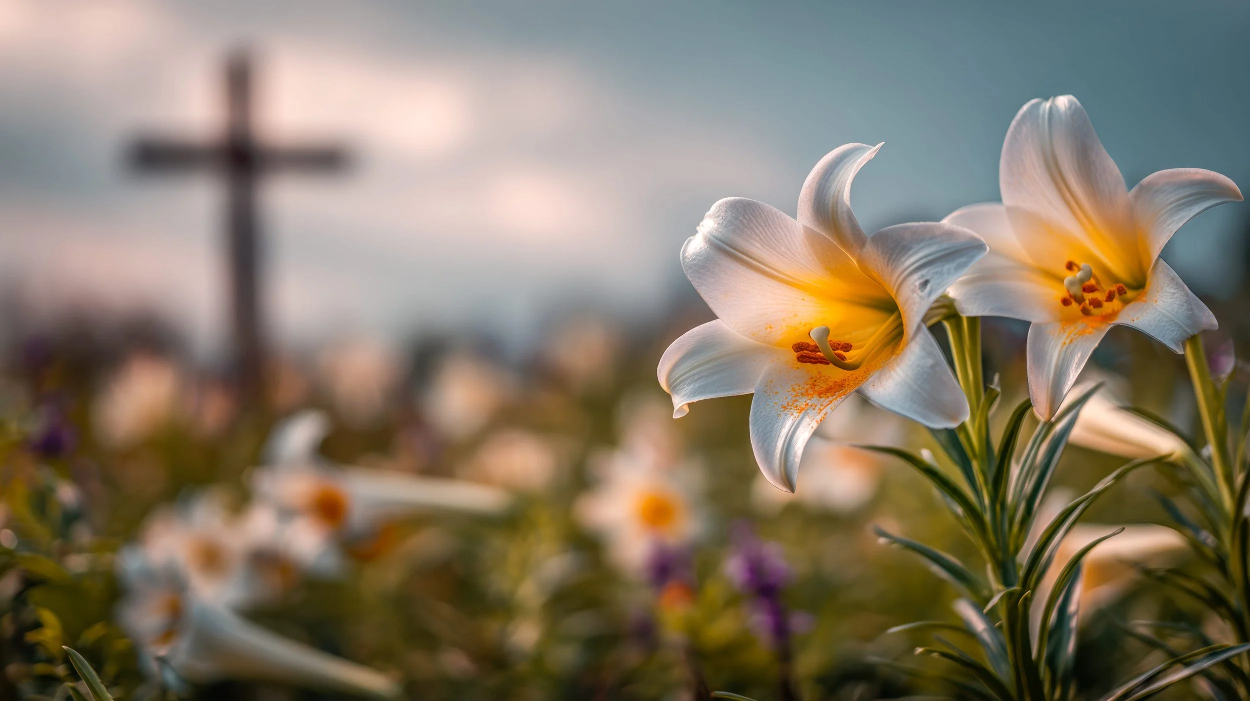 Close-up of white lilies with yellow centers and orange stamens, with blurred cross in the background