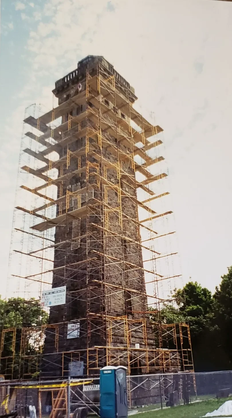 The William Penn Memorial Fire Tower is surrounded by scaffolding in 2000 during a restoration led by Pagoda-Skyline Inc. (Corrie Crupi Zana — Pagoda-Skyline Inc.)

1988 — The Tower Closes
Deteriorating conditions bring the Tower’s years of regular s