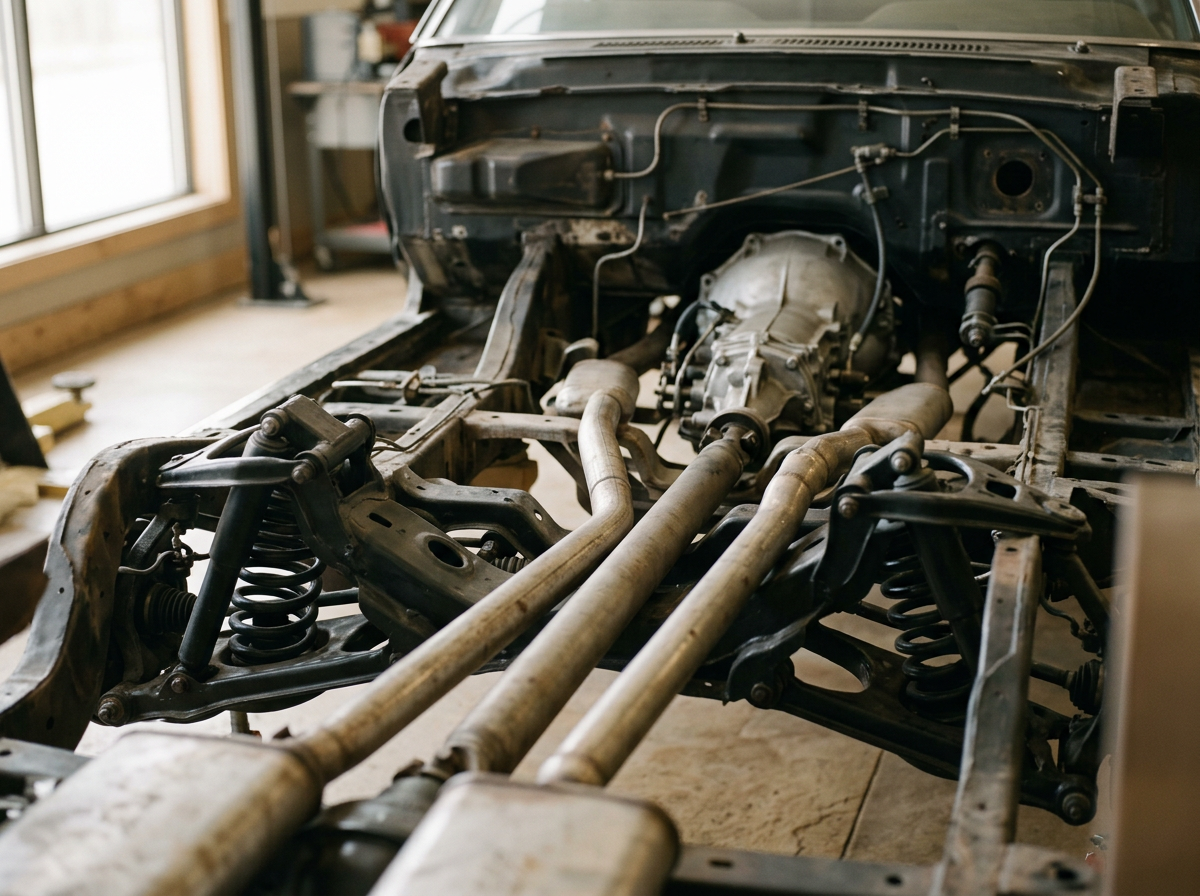 The interior of a car without its body, showing the suspension, engine, and other mechanical components in a workshop.