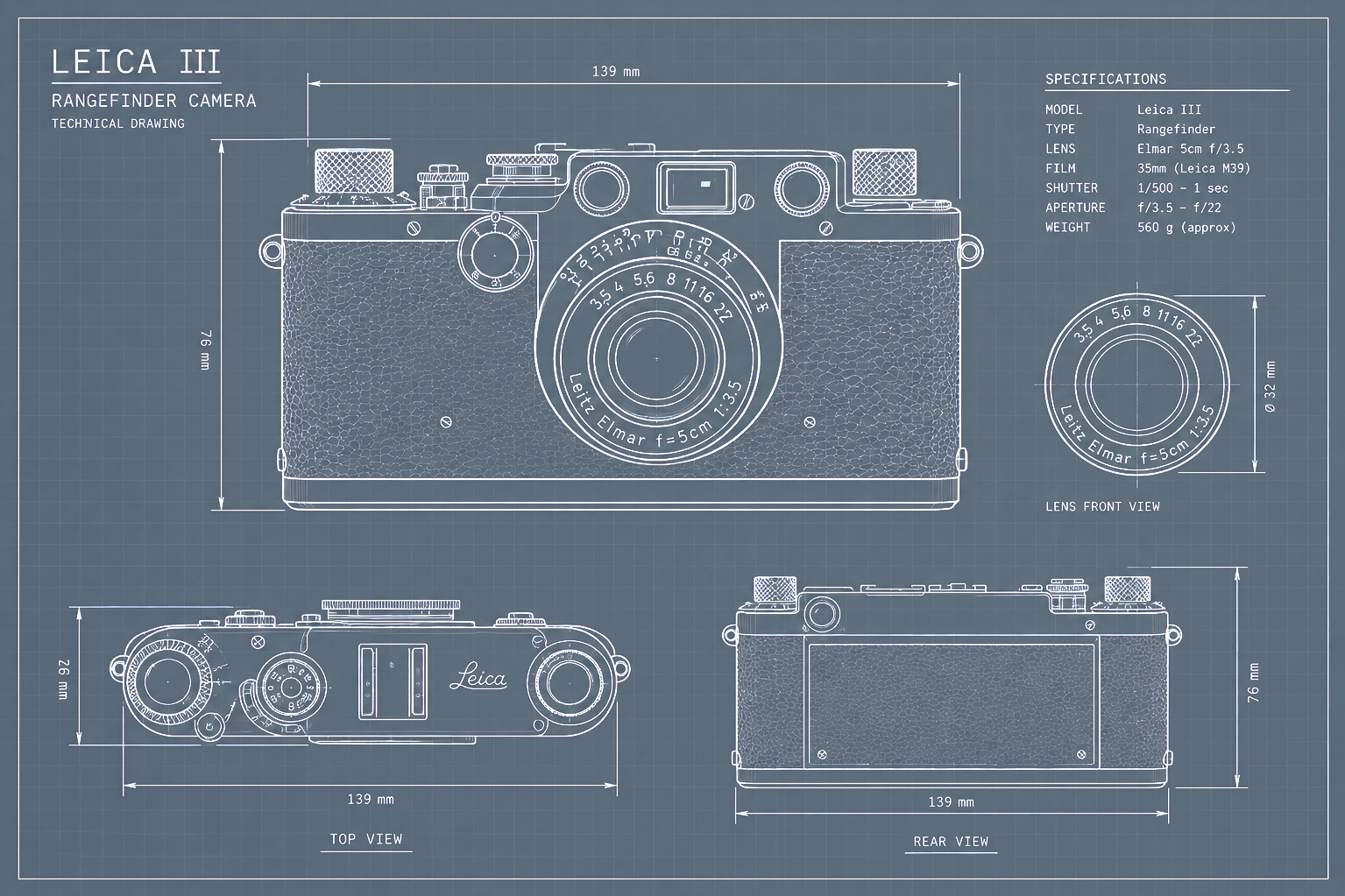 Technical blueprint of a Leica III Rangefinder Camera, showing front, top, rear views, with measurements and specifications.