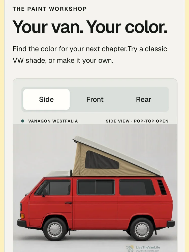 Red Volkswagen Vanagon Westfalia with its pop-top open in the Virtual Workshop color preview
