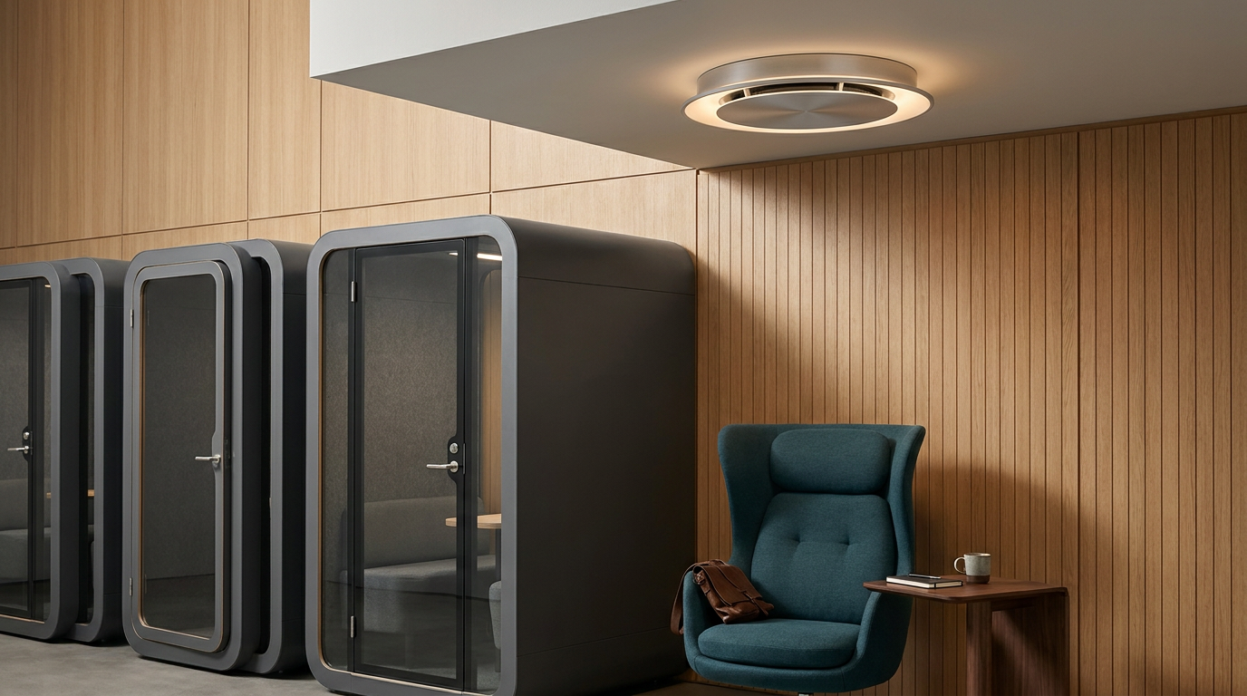 A modern workspace with several black privacy pods, a teal high-back chair, and a small wooden side table with a coffee mug and books, against a wood-paneled wall and a contemporary ceiling light.