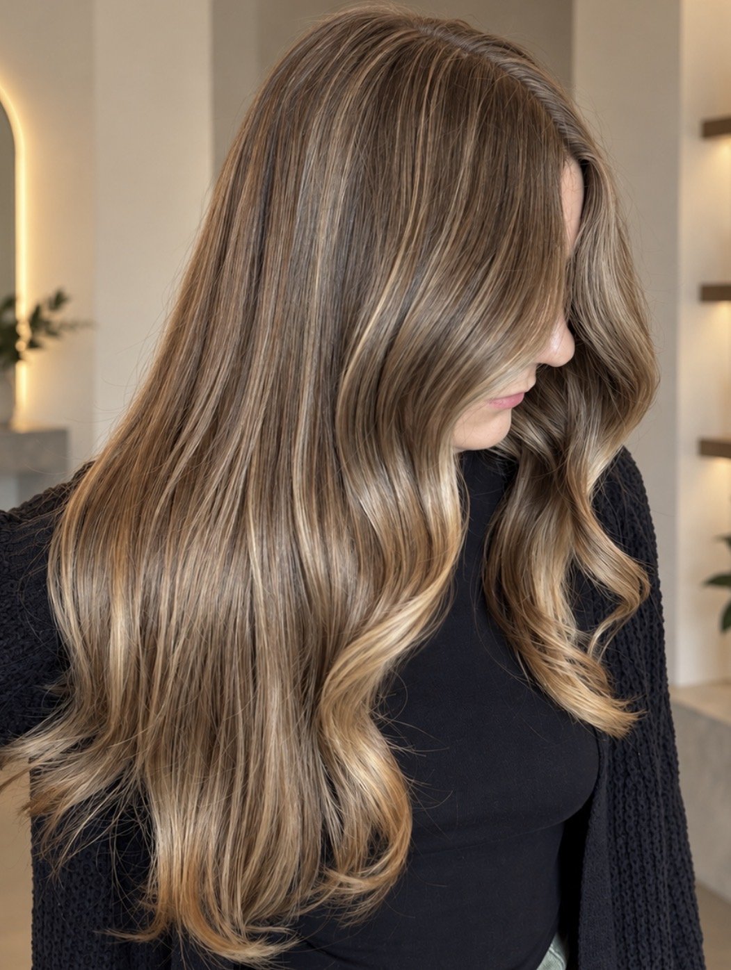 Dimensional lived-in blonde hair with soft highlights and a natural root blend.