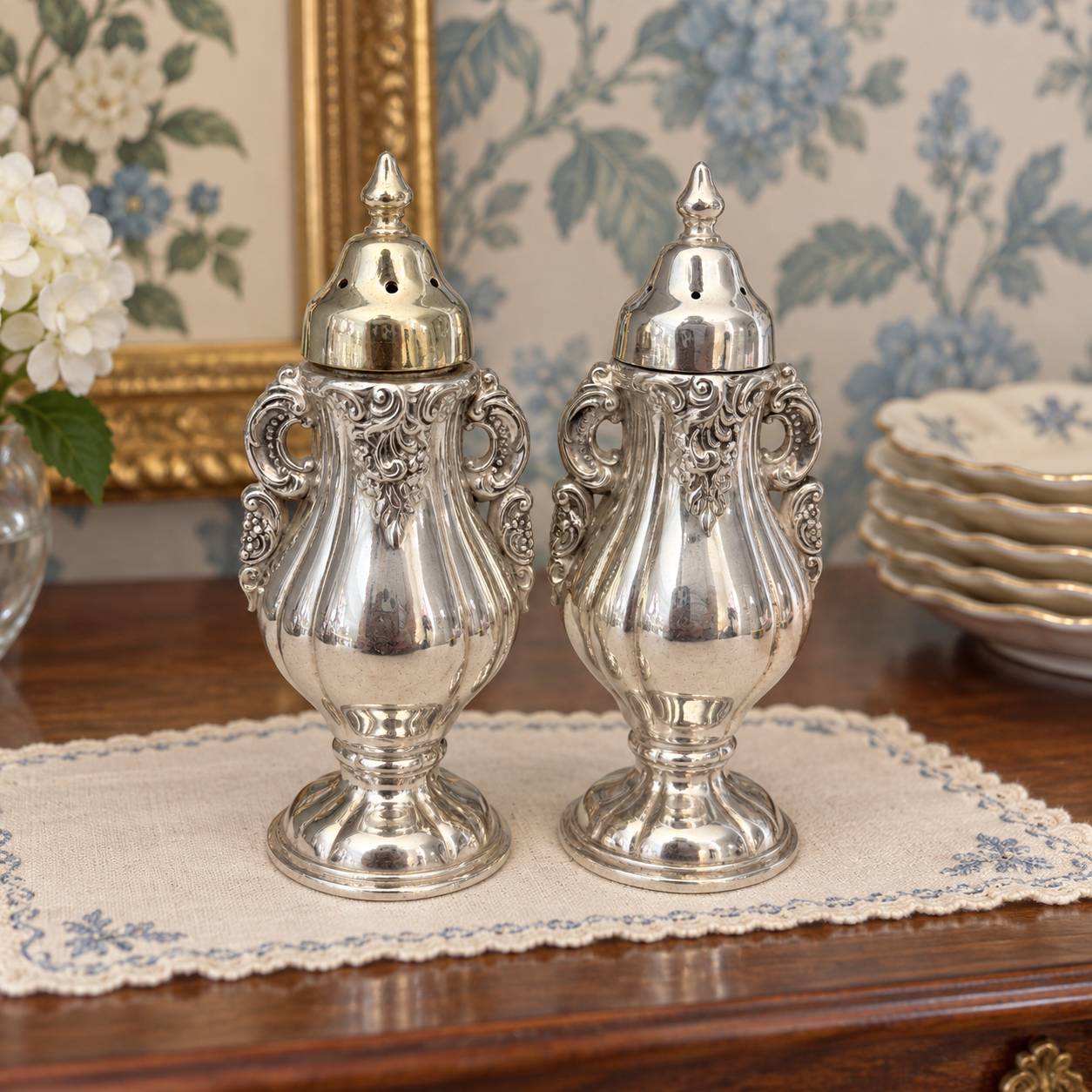 Close view of the shakers' raised scrollwork, handles and finial-topped caps.