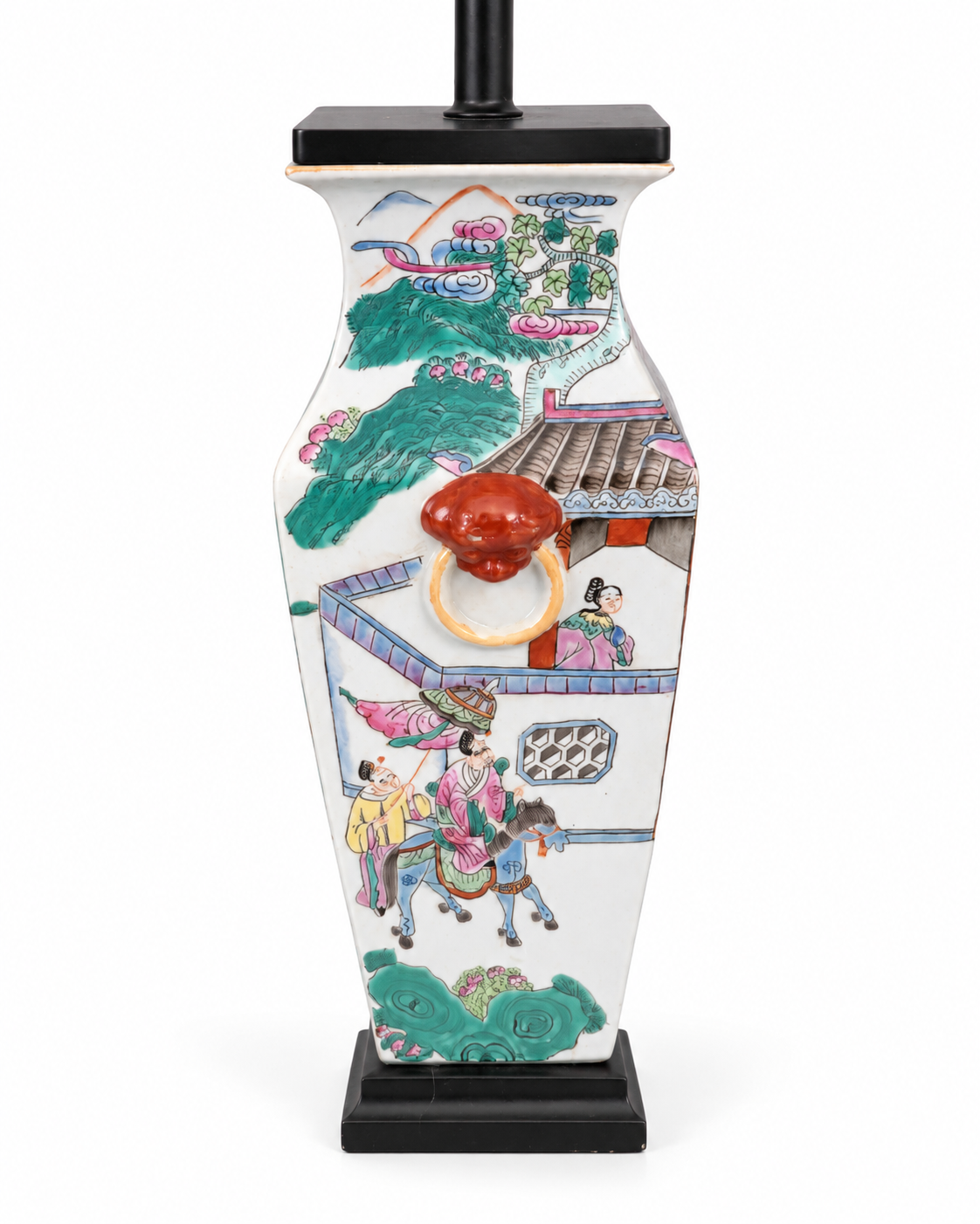 Lion-mask ring handle and mounted rider scene on a famille rose style lamp.