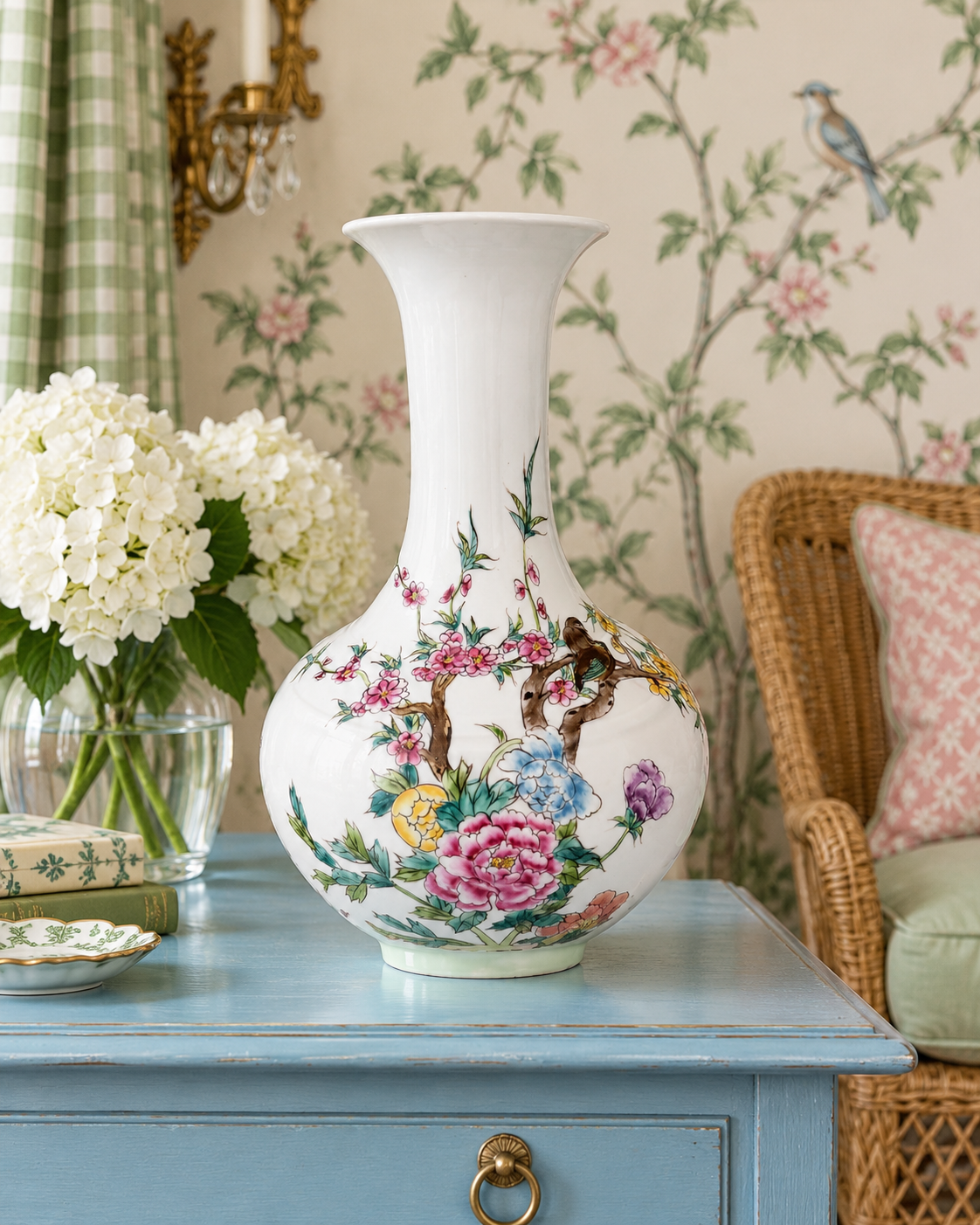 Famille rose style porcelain vase with paired birds, pink peonies and colorful blossoms on a white background.