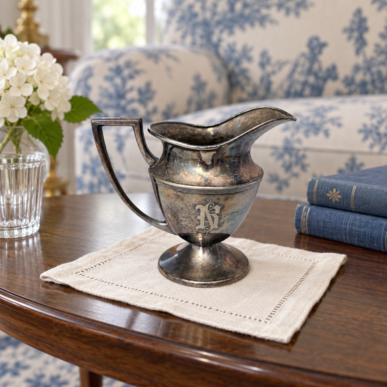 Unengraved side of the small creamer showing its pedestal foot and angular handle.
