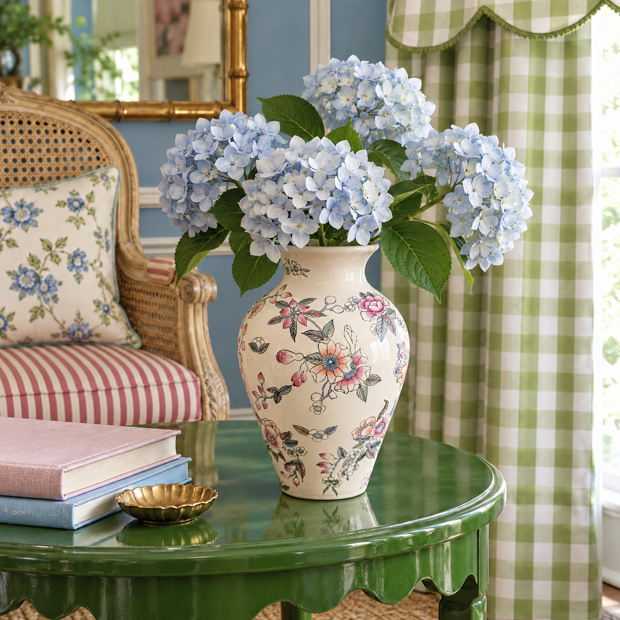 Pink floral vase on a green scalloped table beside a cane chair and green gingham curtains.