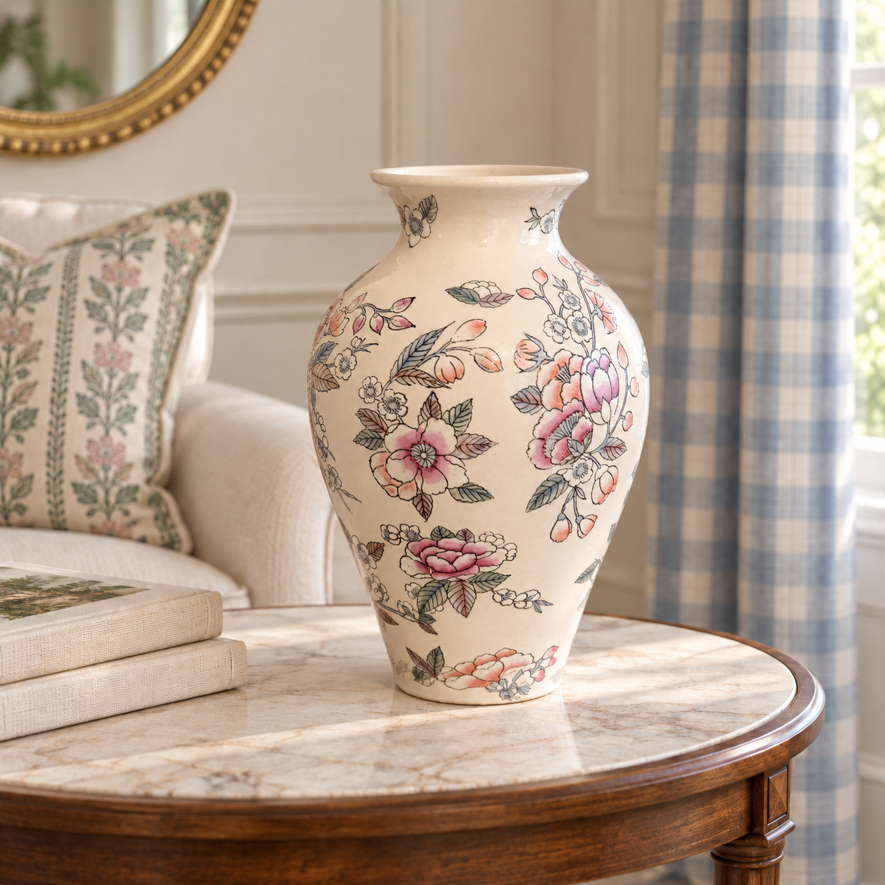 Alternate floral side of the porcelain vase displayed beside pastel books on a green lacquer table.