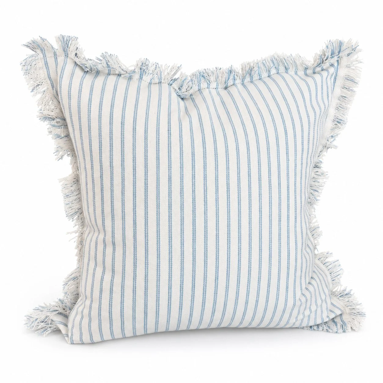 Pale-blue ticking stripe pillow with fringed edges on a white background.