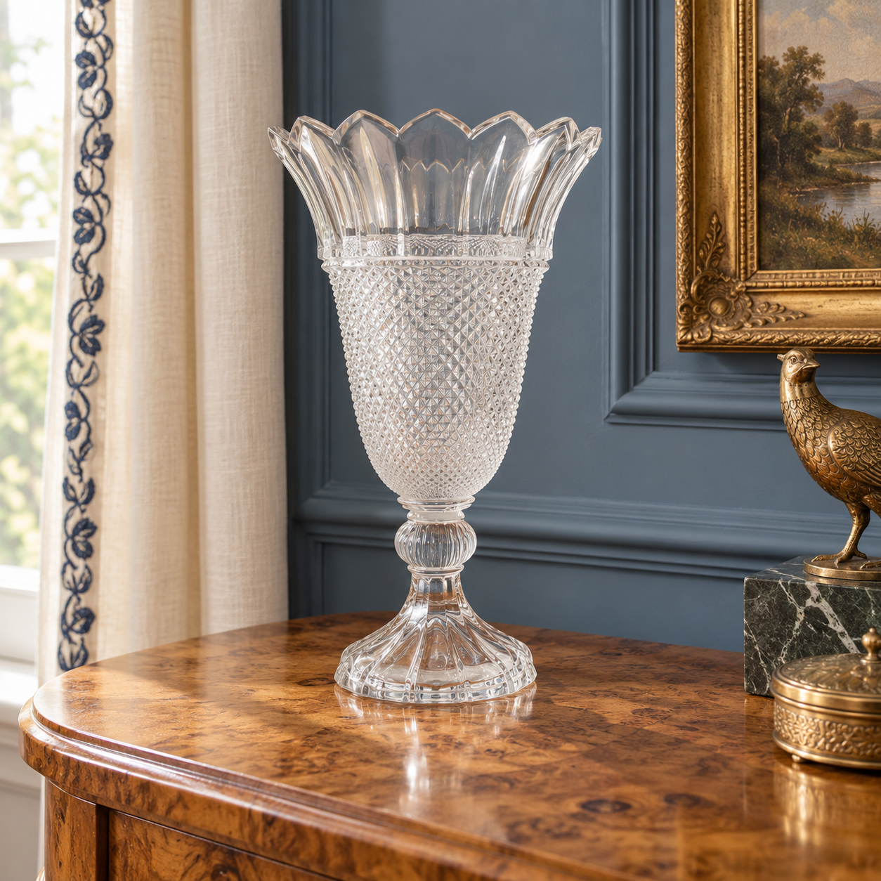 Shannon Lead Crystal Pedestal Vase with Scalloped Crown Rim