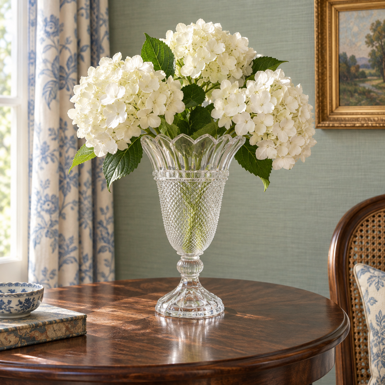 Clear pedestal vase holding white hydrangeas on a round wooden table.