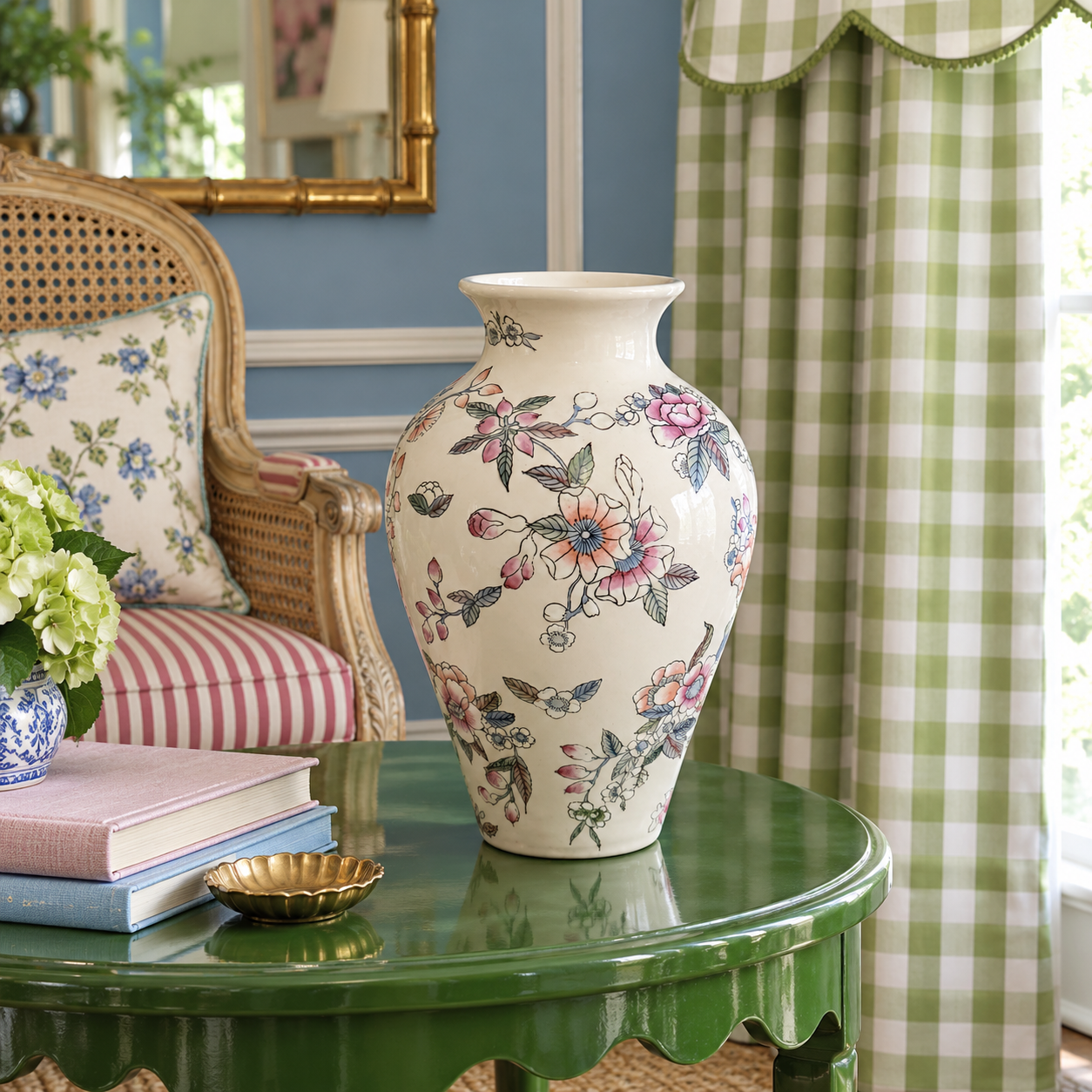 8.pngPink floral vase on a green scalloped table beside a cane chair and green gingham curtains.