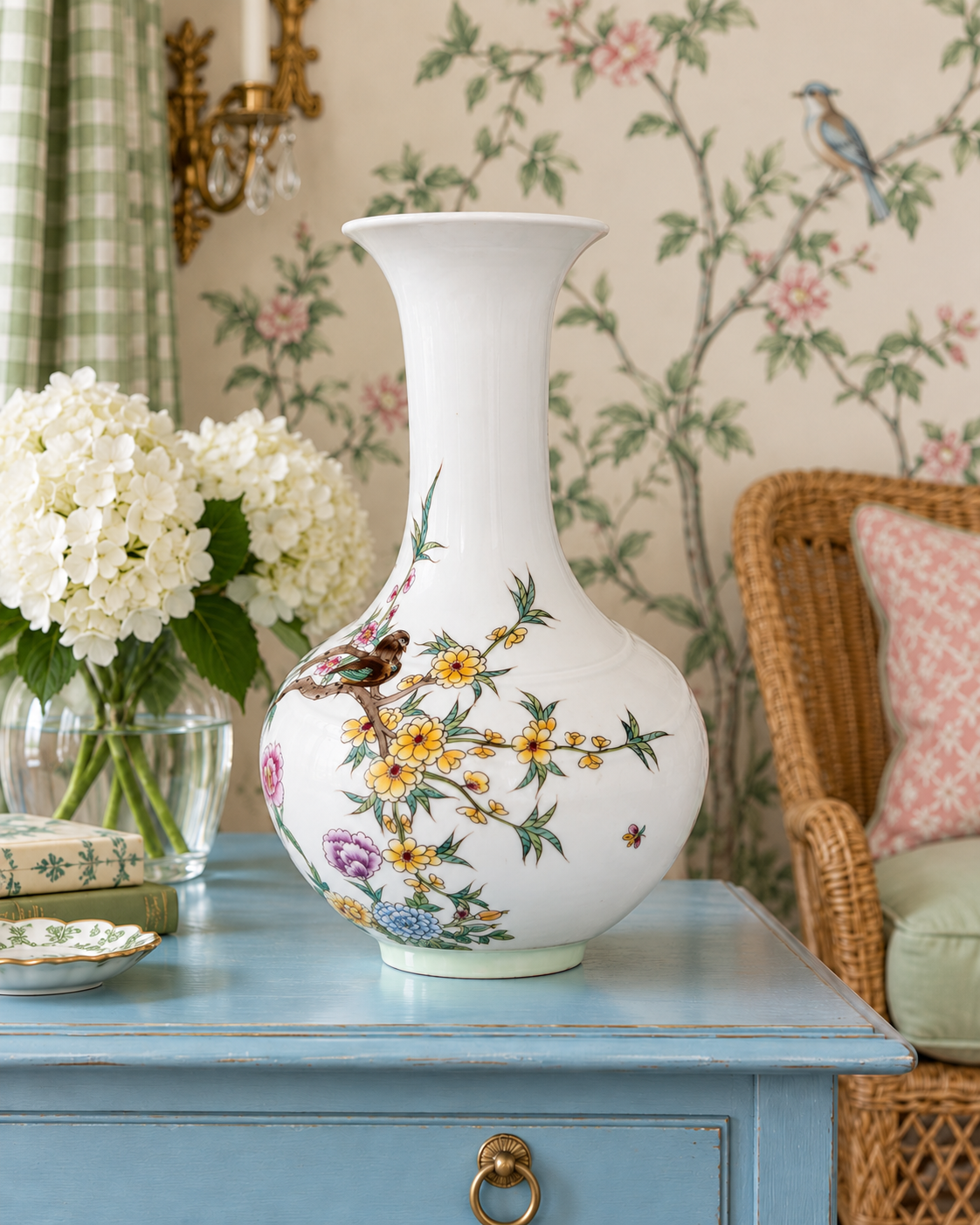 Side view of a porcelain vase with yellow flowering branches, green leaves and small brown birds.