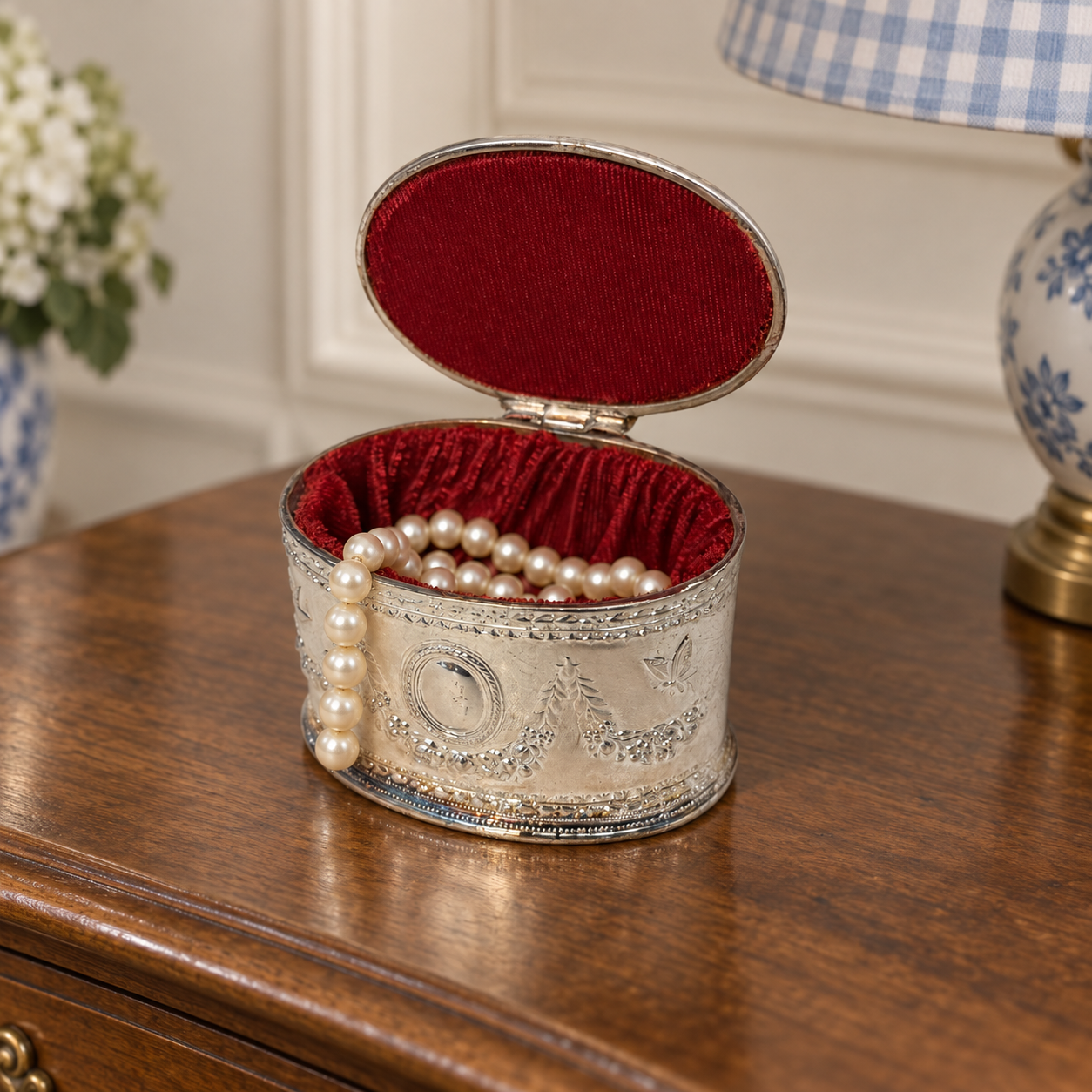Open silver-tone trinket box revealing its red fabric-lined interior.