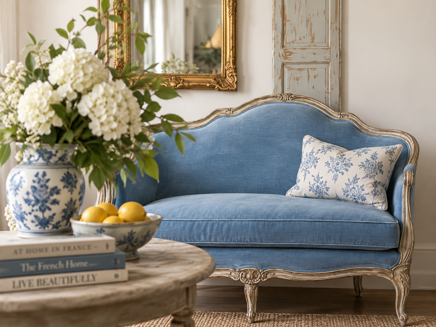 A cozy living room corner with a vintage blue velvet settee, a decorative pillow with blue floral embroidery, a large vase of white hydrangeas and greenery, a bowl of lemons, a few books, and a rustic wooden wall with a gold-framed mirror