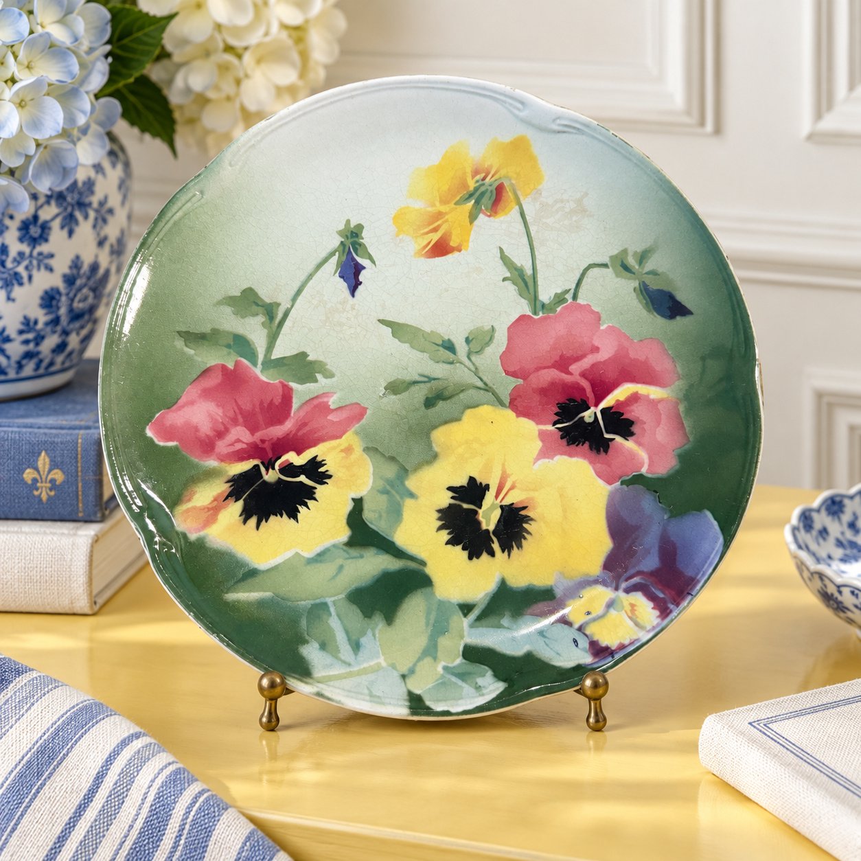 Lunéville floral plate displayed on a stand on a butter-yellow writing desk..
