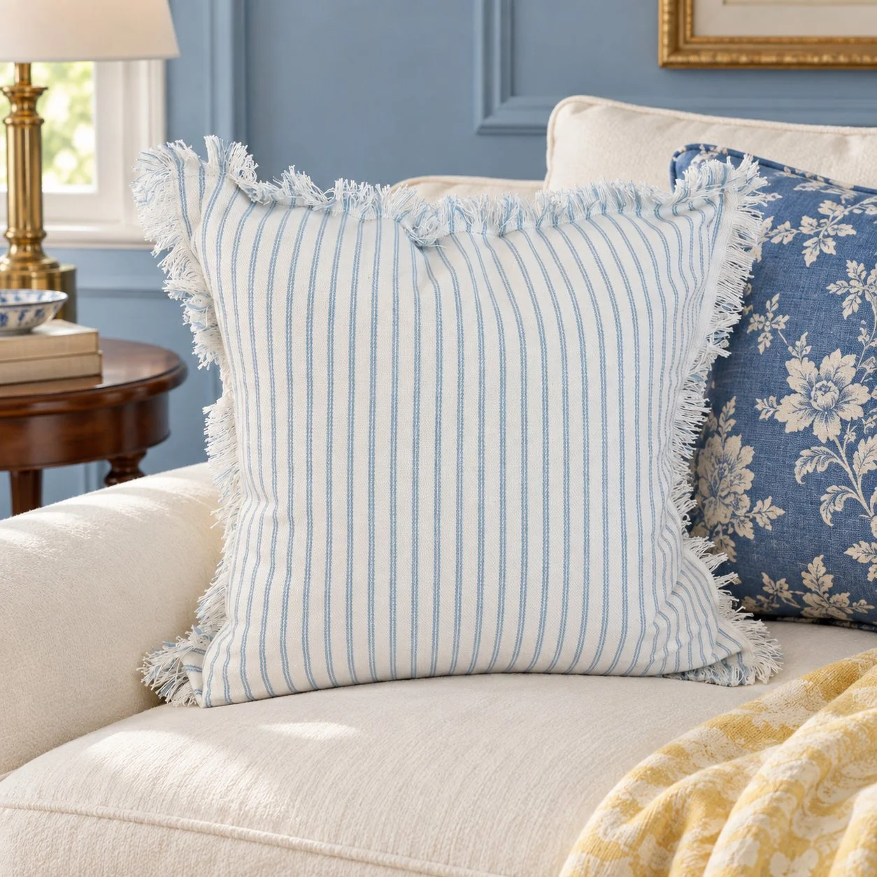 Pale-blue striped pillow layered on an ivory sofa with a floral cushion.