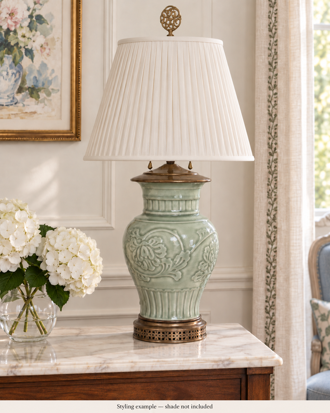 Celadon lamp styled with an ivory pleated Empire shade; shade shown for illustration and not included.