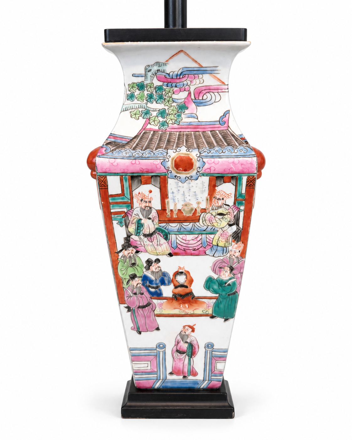 Chinoiserie Famille Rose Style Porcelain Table Lamp with Lion Handles